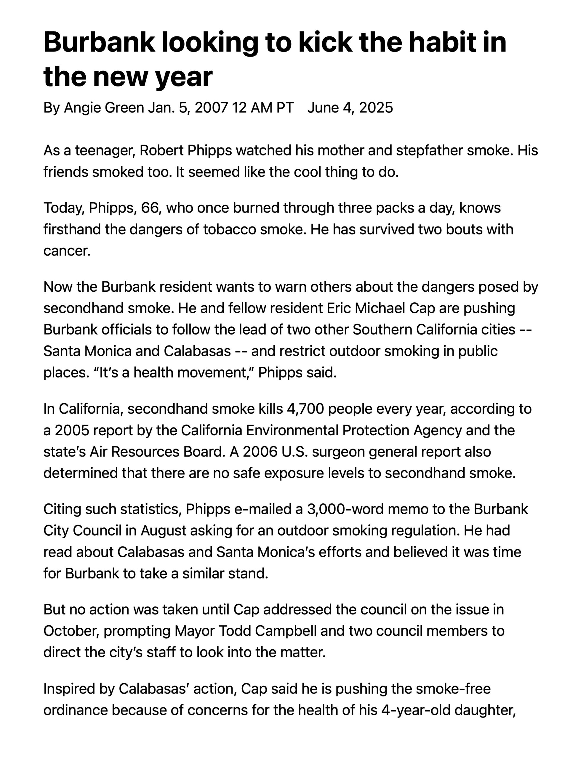 Los Angeles Times pg1 Burbank looking to kick the habit in the new year scaled